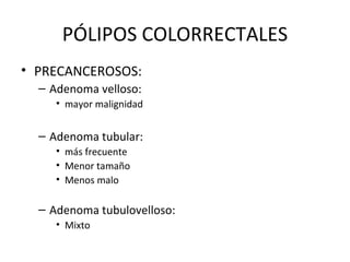 PÓLIPOS COLORRECTALES PRECANCEROSOS: Adenoma velloso: mayor malignidad Adenoma tubular: más frecuente Menor tamaño Menos malo Adenoma tubulovelloso: Mixto 