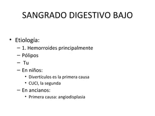 SANGRADO DIGESTIVO BAJO Etiología: 1. Hemorroides principalmente Pólipos Tu En niños: Divertículos es la primera causa CUCI, la segunda En ancianos: Primera causa: angiodisplasia 