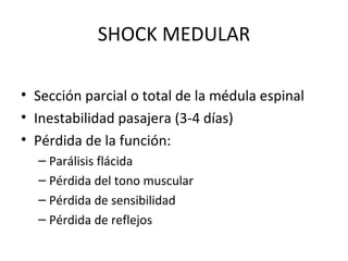 SHOCK MEDULAR Sección parcial o total de la médula espinal Inestabilidad pasajera (3-4 días) Pérdida de la función: Parálisis flácida Pérdida del tono muscular Pérdida de sensibilidad Pérdida de reflejos 