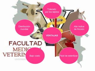 Tolerado
por los tejidos

Distribución
mundial

Alto índice
de fricción
VENTAJAS

Bajo costo

Fácil de esterilizar

 