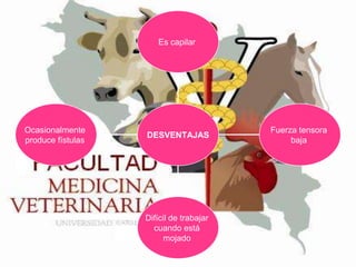 Es capilar

Ocasionalmente
produce fístulas

DESVENTAJAS

Difícil de trabajar
cuando está
mojado

Fuerza tensora
baja

 