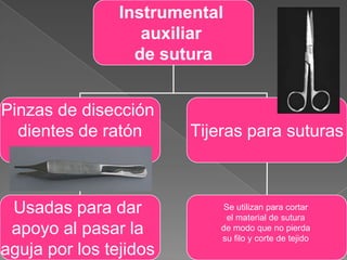 Instrumental
auxiliar
de sutura
Pinzas de disección
dientes de ratón

Usadas para dar
apoyo al pasar la
aguja por los tejidos

Tijeras para suturas

Se utilizan para cortar
el material de sutura
de modo que no pierda
su filo y corte de tejido

 