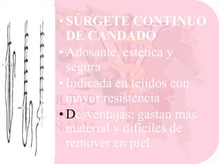 • SÚRGETE CONTINUO
DE CANDADO
• Adosante, estética y
segura
• Indicada en tejidos con
mayor resistencia
• Desventajas: gastan más
material y difíciles de
remover en piel.

 
