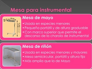 Mesa de mayo
•Usada en especies menores
•Pequeña portátil y de altura graduable
•Con marco superior que permite el
descanso de la charola de instrumental

Mesa de riñón
•Usada en especies menores y mayores
•Mesa semicircular, portátil y altura fija
•Más amplia que la de Mayo

 