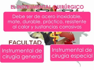 Debe ser de acero inoxidable,
mate, durable, práctico, resistente
al calor y sustancias corrosivas

Instrumental de
cirugía general

Instrumental de
cirugía especial

 