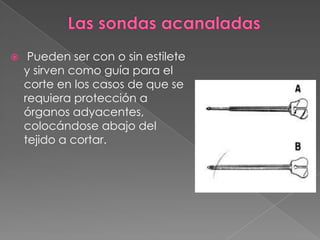 

Pueden ser con o sin estilete
y sirven como guía para el
corte en los casos de que se
requiera protección a
órganos adyacentes,
colocándose abajo del
tejido a cortar.

 