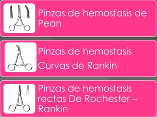 Pinzas de hemostasis de
Pean

Pinzas de hemostasis
Curvas de Rankin
Pinzas de hemostasis
rectas De Rochester –
Rankin

 