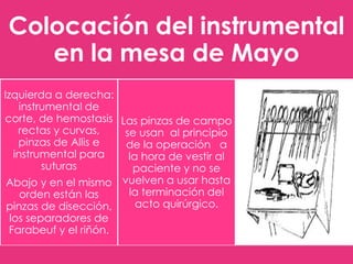Colocación del instrumental
en la mesa de Mayo
Izquierda a derecha:
instrumental de
corte, de hemostasis Las pinzas de campo
rectas y curvas,
se usan al principio
pinzas de Allis e
de la operación a
instrumental para
la hora de vestir al
suturas
paciente y no se
Abajo y en el mismo vuelven a usar hasta
la terminación del
orden están las
acto quirúrgico.
pinzas de disección,
los separadores de
Farabeuf y el riñón.

 