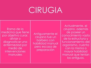 CIRUGIA
Rama de la
medicina que tiene
por objetivo curar,
aliviar o
diagnosticar una
enfermedad por
medio de
intervenciones
manuales

Antiguamente el
cirujano fue un
barbero con
habilidad manual
pero escasa de
preparación

Actualmente, el
cirujano, además
de poseer un
conocimiento vasto
de la estructura y
funcionamiento del
organismo, cuenta
con la misma o
mayor habilidad
manual que tenían
los antiguos.

 