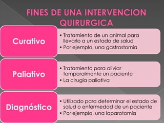 Curativo

• Tratamiento de un animal para
llevarlo a un estado de salud
• Por ejemplo, una gastrostomía

Paliativo

• Tratamiento para aliviar
temporalmente un paciente
• La cirugía paliativa

Diagnóstico

• Utilizado para determinar el estado de
salud o enfermedad de un paciente
• Por ejemplo, una laparotomía

 