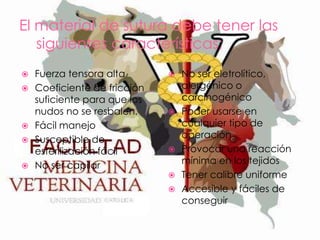 El material de sutura debe tener las
siguientes características;







Fuerza tensora alta
Coeficiente de fricción
suficiente para que los
nudos no se resbalen.
Fácil manejo
Susceptible de
esterilización fácil
No ser capilar










No ser eletrolítico,
alergénico o
carcinogénico
Poder usarse en
cualquier tipo de
operación
Provocar una reacción
mínima en los tejidos
Tener calibre uniforme
Accesible y fáciles de
conseguir

 