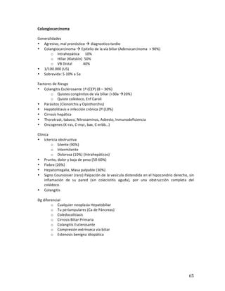 ! 65!
Colangiocarcinoma((
*
Generalidades*
• Agresivo,*mal*pronóstico*!*diagnostico*tardío**
• Colangiocarcinoma*!*Epitelio*de*la*vía*biliar*(Adenocarcinoma**>*90%)*
o Intrahepática******10%*
o Hiliar*(Klatskin)**50%*
o VB*Distal************40%*
• 1/100.000*(US)*
• Sobrevida:*5b10%*a*5a*
*
Factores*de*Riesgo*
• Colangitis*Esclerosante*1º*(CEP)*(8*–*30%)**
o Quistes*congénitos*de*vía*biliar*(>30a*!20%)*
o Quiste*colédoco,*Enf*Caroli**
• Parásitos*(Clonorchis*y*Opisthorchis)*
• Hepatolitiasis*e*infección*crónica*2º*(10%)*
• Cirrosis*hepática*
• Thorotrast,*tabaco,*Nitrosaminas,*Asbesto,*Inmunodeficiencia*
• Oncogenes*(Kbras,*Cbmyc,*bax,*Cberbb…)*
*
Clínica*
• Ictericia*obstructiva**
o Silente*(90%)***
o Intermitente*
o Dolorosa*(10%)*(Intrahepáticos)*
• Prurito,*dolor*y*baja*de*peso*(50b60%)*
• Fiebre*(20%)*
• Hepatomegalia,*Masa*palpable*(30%)*
• Signo*Courvoisier*(raro)*Palpación*de*la*vesícula*distendida*en*el*hipocondrio*derecho,*sin*
inflamación* de* su* pared* (sin* colecistitis* aguda),* por* una* obstrucción* completa* del*
colédoco.*
• Colangitis*
*
Dg*diferencial*
o Cualquier*neoplasia*Hepatobiliar*
o Tu*periampulares*(Ca*de*Páncreas)*
o Coledocolitiasis*
o Cirrosis*Biliar*Primaria*
o Colangitis*Esclerosante**
o Compresión*extrínseca*vía*biliar*
o Estenosis*benigna*idiopática*
*
*
*
*
*
 