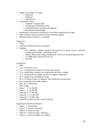 ! 69!
• Pólipos*>*1cm*(20%)*→**Cirugía*
o Adenomas**
o Papilomas*
o Colesterolosis*
• Presentación*clínica*
o Incidental*→**Biopsia*(3%)*
o Intraoperatorio*(colecistectomía)*
o Incidentalmente*en*exámenes*de*imágenes*
o Derivada*de*sintomatología*
• Asintomático*o*derivado*de*colelitiasis*y*solo*el*50%*se*dg*antes*de*la*cirugía*
• Dolor,*anorexia,*nauseas*y*vómitos*(similar*colecistitis*aguda)*
• CEG,*baja*de*peso*e*ictericia*→**avanzado*
*
Diagnóstico*
• Clínica*
• Exámenes:*Inespecíficos*/*Sin*marcadores*
• Imágenes*
o Eco:* Colelitiasis,* pólipos,* aumentos* del* grosor* de* la* pared,* masas* y* extensión*
hepática*(plano*clivaje),**calcificación*mural**
o EndoUS:*Mas*precisa*en*dg*y*estadificación**(75%*v/s*97%),*duda*diagnóstica,*LN**
o TC*/*RNM:*Mejor*definición*local*y*LN*
o PET:*MTT*
*
Etapificación*
TNM*
• Tis*→**Carcinoma*in*situ*
• T1*→**a:*Invade*lámina*propia*/*b:*Invade*capa*muscular*
• T2*→**Invade*tejido*conectivo*sin*comprometer*peritoneo*ni*hígado*
• T3*→**Invade*peritoneo,*hígado,*vía*biliar*y/o*órganos*adyacentes*
• T4*→**Invade*Porta,*art*hepática,*>2*órgs*
• N1*→**LN*Hiliares*(cístico,*art*hepática,**peri*coledocianos*y/o*portales)*
• N2*→**LN*periAo,*cavos,*AMS,*celíacos*
• M0*–*M1*→**Metástasis*
TNM*b*Etapas*
• Etapa*I******→**T1,*N0,*M0*******
• Etapa*II*****→**T2,*N0,*M0*
• Etapa*IIIA*→**T3,*N0,*M0*
• Etapa*IIIB*→**T1b3,*N1,*M0*
• Etapa*IVA*→**T4,*N0b1,*M0*
• Etapa*IVB*→**AnyT,*N2,*M0**/**AnyT,*AnyN,*M1*
*
Etapificación:*Clasificación*de*Nevin*
• Etapa*I***→**Intramucoso*
• Etapa*II**→**Mucosa*y*Muscular*
• Etapa*III*→**Todas*las*capas*
• Etapa*IV*→**Todas*las*capas*+*LN*císticos*
• Etapa*V*→**Extensión*hepática*y/u*órganos*
 
