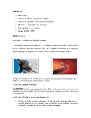 CONTENIDOS
 Introducción
 Hemostasia primaria y agregación plaquetar
 Hemostasia segundaria y cascada de la coagulación
 Fibrinólisis y anticoagulación fisiológica
 Anticoagulante y tromboliticos.
 Tiempo de TPT y TTPA
HEMOSTASIA.
Hemostasia: Prevención de la pérdida de sangre.
La hemostasia es un proceso fisiológico y mecanismo de defensa que se lleva a cabo cuando
un vaso sanguíneo sufre una lesión que junto con la respuesta inflamatoria y de reparación
ayudan a proteger la integridad del sistema vascular después de una lesión tisular.
Este proceso se conoce por la formación del coagulo ya que detiene las hemorragias que se
producen como consecuencia de una lesión vascular.
FASES DE LA HEMOSTASIA.
PRIMERA FASE: Esta fase se produce por la acción de la pared vascular como consecuencia de
la herida que se ha producido y la hemorragia consiguiente a este proceso se le conoce como
vasoconstricción.
Ante la lesión el colágeno queda expuesto y permite:
 Adherencia de las plaquetas circulantes al sitio de lesión (adhesión plaquetaria) y
posterior adhesión de otras plaquetas a las ya adheridas al sitio de lesión (agregación
plaquetaria), fenómenos que dan origen al tapón plaquetario.
 