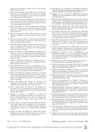 urinary tract obstruction: systematic review of test accuracy.
BJOG 2009;116:1290–9.
33. Glick PL, Harrison MR, Golbus MS, Adzick NS, Filly RA,
Callen PW, et al. Management of the fetus with congenital
hydronephrosis II: prognostic criteria and selection for treat-
ment. J Pediatr Surg 1985;20:376–87.
34. Morris RK, Quinlan-Jones E, Kilby M, Kahn KS. Systematic
review of accuracy of fetal urine analysis to predict poor post-
natal renal function in case of congenital urinary tract obstruc-
tion. Prenat Diagn 2007;27:900–11.
35. Morris RK, Malin GL, Kahn KS, Kilby MD. Systematic
review of the effectiveness of antenatal intervention for the
treatment of congenital lower urinary tract obstruction. BJOG
2010;117:382–90.
36. Elder JS, Duckett JW, Snyder HM. Intervention for fetal
obstructive uropathy: has it been effective? Lancet 1987;2:
1007–9.
37. McLorie G, Farhat W, Khoury A, Geary D, Ryan G. Outcome
analysis of vesicoamniotic shunting in a comprehensive pop-
ulation. J Urol 2001;166:1036–40.
38. Morris RK, Ruano R, Kilby MD. Effectiveness of fetal cystos-
copy as a diagnostic and therapeutic intervention for lower
urinary tract obstruction: a systematic review. Ultrasound Ob-
stet Gynecol 2011;37:629–37.
39. Robyr R, Benachi A, Daikha-Dahmane F, Martinovich J,
Dumez Y, Ville Y. Correlation between ultrasound and ana-
tomical findings in fetuses with lower urinary tract obstruction
in the first half of pregnancy. Ultrasound Obstet Gynecol
2005;25:478–82.
40. Ylinen E, la-Houhala M, Wikstrom S. Prognostic factors of
posterior urethral valves and the role of antenatal detection.
Pediatr Nephrol 2004;19:874–9.
41. Morris RK, Kilby MD. An overview of the literature on con-
genital lower urinary tract obstruction and introduction to the
PLUTO trial: percutaneous shunting in lower urinary tract
obstruction. Aust N Z J Obstet Gynaecol 2009;49:6–10.
42. Talbert BG, Bajoria R, Sepulveda W, Bower S, Fisk NM.
Hydrostatic and osmotic pressure gradients produce manifes-
tations of fetofetal transfusion syndrome in a computerized
model of monochorial twin pregnancy. Am J Obstet Gynecol
1996;174:598–608.
43. Sebire NJ, Snijders RJ, Hughes K, Sepulveda W,
Nicolaides KH. The hidden mortality of monchorionic twin
pregnancies. Br J Obstet Gynaecol 1997;104:1203–7.
44. Lewi L, Jani J, Boes AS, Donne E, Van Mieghem T,
Gucciardo L, et al. The natural history of monochorionic twins
and the role of prenatal ultrasound scan. Ultrasound Obstet
Gynecol 2007;30:401–2.
45. Lopriore E, Deprest J, Slaghekke F, Oepkes D,
Middlethorp JM, Vandenbussche FP, et al. Placental charac-
teristics in monochorionic twins with and without twin
anemia-polycythemia sequence. Obstet Gynecol 2008;112:
753–8.
46. Denbow ML, Cox P, Taylor M, Hammal DM, Fisk NM. Pla-
cental angioarchitecture in monchprionic twin pregnancies:
relationship to fetal growth, fetofetal transfusion syndrome,
and pregnancy outcome. Am J Obstet Gynecol 2000;182:
417–26.
47. Simpson LL, Marx GR, Elkadry EA, D’Alton ME. Cardiac
dysfunction in twin-twin transfusion syndrome: a prospective
longitudinal study. Obstet Gynecol 1998;92:557–62.
48. Haverkamp F, Lex C, Hanisch C, Fahnenstitch H, Zerres K.
Neurodevelopmental risks in twin-to-twin transfusion syndrome:
preliminary findings. Eur J Paediatr Neurol 2001;5:21–7.
49. Simpson LL; for the Society of Maternal-Fetal Medicine
(SMFM). Twin-twin transfusion syndrome. Am J Obstet Gy-
necol 2013;208:3–18.
50. Roberts D, Neilson JP, Kilby M, Gates S. Interventions for the
treatment of twin-twin transfusion syndrome review. The Co-
chrane Database of Systematic Reviews 2008, Issue 1. Art.
No.: CD002073. DOI: 10.1002/14651858.CD002073.pub2.
51. Quintero RA, Morales WJ, Allen MH, Bornick PW,
Johnson PK, Kruger M. Staging of twin-twin transfusion syn-
drome. J Perinatol 1999;19:550–5.
52. Crombleholme TM, Shera D, Lee H, Johnson M, D’Alton M,
Porter F, et al. A prospective randomized multicenter trial of
amnioreduction vs selective fetoscopic laser photocoagulation
for the treatment of severe twin-twin transfusion syndrome.
Am J Obstet Gynecol 2007;197:396.e1–9.
53. Senat MV, Deprest J, Boulvain M, Paupe A, Winer N, Ville Y.
Endoscopic laser surgery versus serial amnioreduction for
severe twin-twin transfusion syndrome. N Engl J Med 2004;
351:136–44.
54. Luks FI, Carr SR, Muratore CS, O’Brien BM, Tracy TF. The
pediatric surgeons’ contribution to in utero treatment of twin-
to-twin transfusion syndrome. Ann Surg 2009;250:456–62.
55. Slaghekke F, Lopriore E, Lewi L, Middlethorp J, van
Zwet EW, Weingertner S, et al. Fetoscopic laser coagulation
of the vascular equator versus selective coagulation for twin-to-
twin transfusion syndrome: an open-label randomized trial.
Lancet 2014;383:2144–51.
56. Rustico MA, Lanna M, Coviello D, Smoleniec J, Nicolini U.
Fetal pleural effusion. Prenat Diagn 2007;27:793–9.
57. Ruano R, Ramalho AS, Cardoso AKS, Moise K. Prenatal
diagnosis and natural history of fetuses presenting with pleural
effusion. Prenat Diagn 2011;31:496–9.
58. Aubard J, Derouineau I, Aubard V, Chalifour V, Preux PM.
Primary fetal hydrothorax: a literature review and proposed
antenatal strategy. Fetal Diagn Ther 1998;13:325–33.
59. NICE guideline IPG 190. Insertion of pleuro-amniotic shunt
for fetal pleural effusion. London: National Institute for Health
and Clinical Excellence; 2006.
60. Yinon Y, Grisaru-Granovsky S, Chadda V, Windrim R,
Seaward PGR, Kelly EN, et al. Perinatal outcome following
fetal chest shunt insertion for pleural effusion. Ultrasound Ob-
stet Gynecol 2010;36:58–64.
61. Pellegrini JM, Kohler A, Kohler M, Weingartner AS, Favre R.
Prenatal management and thoracoamniotic shunting in pri-
mary fetal pleural effusions: a single center experience. Prenat
Diagn 2012;32:467–71.
62. Duerloo KL, Devlieger R, Lopriore E, Klumper FJ, Oepkes D.
Isolated fetal hydrothorax with hydrops: a systematic review
of prenatal treatment options. Prenat Diagn 2007;27:893–9.
63. Pellegrini JM, Kohler A, Kohler M, Weingartner AS, Favre R.
Prenatal management and thoracoamniotic shunting in pri-
mary fetal pleural effusions: a single center experience. Prenat
Diagn 2012;32:467–71.
64. Yang YS, Ma GC, Shih JC, Chen CP, Chou CH, Yeh KT,
et al. Experimental treatment of bilateral fetal Chylothorax
using in utero pleurodesis. Ultrasound Obstet Gynecol 2012;
39:56–62.
65. Williams LJ, Mai CT, Edmonds LD, Shaw GM, Kirby RS,
Hobbs CA, et al. Prevalence of spina bifida and anencephaly
VOL. 124, NO. 4, OCTOBER 2014 Wenstrom and Carr Review of Fetal Surgery 833
 