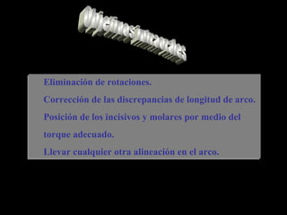 Eliminación de rotaciones.
Corrección de las discrepancias de longitud de arco.
Posición de los incisivos y molares por medio del
torque adecuado.
Llevar cualquier otra alineación en el arco.
Eliminación de rotaciones.
Corrección de las discrepancias de longitud de arco.
Posición de los incisivos y molares por medio del
torque adecuado.
Llevar cualquier otra alineación en el arco.
 