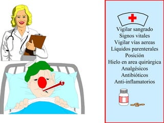Vigilar sangrado
Signos vitales
Vigilar vías aereas
Líquidos parenterales
Posición
Hielo en area quirúrgica
Analgésicos
Antibióticos
Anti-inflamatorios
 
