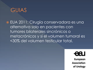  EUA 2011: Cirugía conservadora es una
alternativa solo en pacientes con
tumores bilaterales sincrónicos o
metacrónicos y si el volumen tumoral es
<30% del volumen testicular total.
 