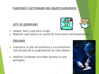FUNCIONES Y ACTIVIDADES DEL EQUIPO QUIRURGICO
JEFE DE QUIROFANO
 Asignar hora y sala para cirugía.
 Reportar caso séptico al comité de infecciones intrahospitalarias.
CIRUJANO
 Comunicar al jefe de quirófano y a la enfermera
jefe de piso de la programación de caso séptico.
 Notificar incidentes ocurridos durante el acto
quirúrgico.
 