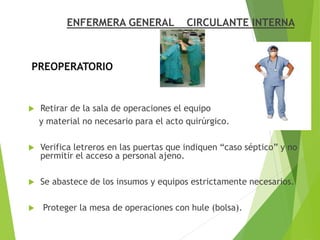 ENFERMERA GENERAL CIRCULANTE INTERNA
PREOPERATORIO
 Retirar de la sala de operaciones el equipo
y material no necesario para el acto quirúrgico.
 Verifica letreros en las puertas que indiquen “caso séptico” y no
permitir el acceso a personal ajeno.
 Se abastece de los insumos y equipos estrictamente necesarios.
 Proteger la mesa de operaciones con hule (bolsa).
 