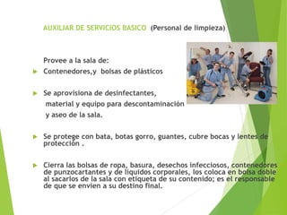 AUXILIAR DE SERVICIOS BASICO (Personal de limpieza)
Provee a la sala de:
 Contenedores,y bolsas de plásticos
 Se aprovisiona de desinfectantes,
material y equipo para descontaminación
y aseo de la sala.
 Se protege con bata, botas gorro, guantes, cubre bocas y lentes de
protección .
 Cierra las bolsas de ropa, basura, desechos infecciosos, contenedores
de punzocartantes y de líquidos corporales, los coloca en bolsa doble
al sacarlos de la sala con etiqueta de su contenido; es el responsable
de que se envíen a su destino final.
 