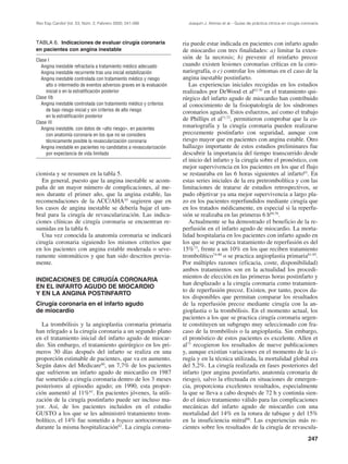 Rev Esp Cardiol Vol. 53, Núm. 2, Febrero 2000; 241-266                 Joaquín J. Alonso et al.– Guías de práctica clínica en cirugía coronaria



TABLA 6. Indicaciones de evaluar cirugía coronaria                   ria puede estar indicada en pacientes con infarto agudo
en pacientes con angina inestable                                    de miocardio con tres finalidades: a) limitar la exten-
Clase I
                                                                     sión de la necrosis; b) prevenir el reinfarto precoz
   Angina inestable refractaria a tratamiento médico adecuado        cuando existen lesiones coronarias críticas en la coro-
   Angina inestable recurrente tras una inicial estabilización       nariografía, o c) controlar los síntomas en el caso de la
   Angina inestable controlada con tratamiento médico y riesgo       angina inestable postinfarto.
     alto o intermedio de eventos adversos graves en la evaluación      Las experiencias iniciales recogidas en los estudios
     inicial o en la estratificación posterior                       realizados por DeWood et al63-70 en el tratamiento qui-
Clase IIb                                                            rúrgico del infarto agudo de miocardio han contribuido
   Angina inestable controlada con tratamiento médico y criterios    al conocimiento de la fisiopatología de los síndromes
     de bajo riesgo inicial y sin criterios de alto riesgo           coronarios agudos. Estos esfuerzos, así como el trabajo
     en la estratificación posterior
                                                                     de Phillips et al71,72, permitieron comprobar que la co-
Clase III
   Angina inestable, con datos de «alto riesgo», en pacientes
                                                                     ronariografía y la cirugía coronaria pueden realizarse
     con anatomía coronaria en los que no se considera               precozmente postinfarto con seguridad, aunque con
     técnicamente posible la revascularización coronaria             riesgo mayor que en pacientes con angina estable. Otro
   Angina inestable en pacientes no candidatos a revascularización   hallazgo importante de estos estudios preliminares fue
     por expectancia de vida limitada                                descubrir la importancia del tiempo transcurrido desde
                                                                     el inicio del infarto y la cirugía sobre el pronóstico, con
                                                                     mejor supervivencia en los pacientes en los que el flujo
cionista y se resumen en la tabla 5.                                 se restauraba en las 6 horas siguientes al infarto63. En
   En general, puesto que la angina inestable se acom-               estas series iniciales de la era pretrombolítica y con las
paña de un mayor número de complicaciones, al me-                    limitaciones de tratarse de estudios retrospectivos, se
nos durante el primer año, que la angina estable, las                pudo objetivar ya una mejor supervivencia a largo pla-
recomendaciones de la ACC/AHA10 sugieren que en                      zo en los pacientes reperfundidos mediante cirugía que
los casos de angina inestable se debería bajar el um-                en los tratados médicamente, en especial si la reperfu-
bral para la cirugía de revascularización. Las indica-               sión se realizaba en las primeras 6 h69,70.
ciones clínicas de cirugía coronaria se encuentran re-                  Actualmente se ha demostrado el beneficio de la re-
sumidas en la tabla 6.                                               perfusión en el infarto agudo de miocardio. La morta-
   Una vez conocida la anatomía coronaria se indicará                lidad hospitalaria en los pacientes con infarto agudo en
cirugía coronaria siguiendo los mismos criterios que                 los que no se practica tratamiento de reperfusión es del
en los pacientes con angina estable moderada o seve-                 15%73, frente a un 10% en los que reciben tratamiento
ramente sintomáticos y que han sido descritos previa-                trombolítico74-80 o se practica angioplastia primaria81-85.
mente.                                                               Por múltiples razones (eficacia, coste, disponibilidad)
                                                                     ambos tratamientos son en la actualidad los procedi-
                                                                     mientos de elección en las primeras horas postinfarto y
INDICACIONES DE CIRUGÍA CORONARIA
                                                                     han desplazado a la cirugía coronaria como tratamien-
EN EL INFARTO AGUDO DE MIOCARDIO
                                                                     to de reperfusión precoz. Existen, por tanto, pocos da-
Y EN LA ANGINA POSTINFARTO
                                                                     tos disponibles que permitan comparar los resultados
Cirugía coronaria en el infarto agudo                                de la reperfusión precoz mediante cirugía con la an-
de miocardio                                                         gioplastia o la trombólisis. En el momento actual, los
                                                                     pacientes a los que se practica cirugía coronaria urgen-
  La trombólisis y la angioplastia coronaria primaria                te constituyen un subgrupo muy seleccionado con fra-
han relegado a la cirugía coronaria a un segundo plano               caso de la trombólisis o la angioplastia. Sin embargo,
en el tratamiento inicial del infarto agudo de miocar-               el pronóstico de estos pacientes es excelente. Allen et
dio. Sin embargo, el tratamiento quirúrgico en los pri-              al73 recogieron los resultados de nueve publicaciones
meros 30 días después del infarto se realiza en una                  y, aunque existían variaciones en el momento de la ci-
proporción estimable de pacientes, que va en aumento.                rugía y en la técnica utilizada, la mortalidad global era
Según datos del Medicare60, un 7,7% de los pacientes                 del 5,2%. La cirugía realizada en fases posteriores del
que sufrieron un infarto agudo de miocardio en 1987                  infarto (por angina postinfarto, anatomía coronaria de
fue sometido a cirugía coronaria dentro de los 3 meses               riesgo), salvo la efectuada en situaciones de emergen-
posteriores al episodio agudo; en 1990, esta propor-                 cia, proporciona excelentes resultados, especialmente
ción aumentó al 11%61. En pacientes jóvenes, la utili-               la que se lleva a cabo después de 72 h y continúa sien-
zación de la cirugía postinfarto puede ser incluso ma-               do el único tratamiento válido para las complicaciones
yor. Así, de los pacientes incluidos en el estudio                   mecánicas del infarto agudo de miocardio con una
GUSTO a los que se les administró tratamiento trom-                  mortalidad del 14% en la rotura de tabique y del 15%
bolítico, el 14% fue sometido a bypass aortocoronario                en la insuficiencia mitral86. Las experiencias más re-
durante la misma hospitalización62. La cirugía corona-               cientes sobre los resultados de la cirugía de revascula-
                                                                                                                                         247
 