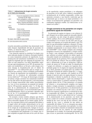 Rev Esp Cardiol Vol. 53, Núm. 2, Febrero 2000; 241-266                    Joaquín J. Alonso et al.– Guías de práctica clínica en cirugía coronaria



TABLA 7. Indicaciones de cirugía coronaria                              so de reperfusión, angina postinfarto y en subgrupos
en el infarto de miocardio                                              de pacientes en los que, pese a haberse conseguido la
<6h                Fracaso de angioplastia primaria y estenosis    I
                                                                        recanalización de la arteria responsable, existen una
                      coronarias de alto riesgo                         anatomía coronaria y una función ventricular que ha
< 24 h             Shock cardiogénico y estenosis coronarias      IIa   demostrado que se asocia a un mejor pronóstico si se
                      no tributarias de angioplastia coronaria          realiza revascularización quirúrgica en pacientes con
< 24 h             Angina o isquemia persistente y estenosis      IIa   cardiopatía isquémica estable. Las indicaciones se re-
                      no tributarias de angioplastia coronaria          sumen en la tabla 7.
> 24 h
 Angina
   postinfarto  Tronco común                                       I    Cirugía coronaria en los pacientes con angina
                3 vasos con DA-proximal                            I    postinfarto agudo de miocardio
                3 vasos sin DA-proximal                           IIa
                2 vasos con DA-proximal                           IIa
                                                                           La presencia de angina en reposo o con esfuerzo li-
                2 vasos sin DA-proximal                           IIb   gero después de un infarto agudo de miocardio identifi-
                1 vaso                                            IIb   ca a pacientes con alto riesgo de padecer reinfarto o
No angina: véase tabla de angina estable                                muerte cardíaca. En la serie publicada por Schuster107,
DA: arteria descendente anterior proximal.
                                                                        la mortalidad a los 6 meses era del 44% para los pa-
                                                                        cientes con isquemia en la región del infarto y del 72%
                                                                        para los que presentaban isquemia a distancia. El trata-
rización miocárdica postinfarto han demostrado resul-                   miento de los pacientes con angina postinfarto ha sido
tados dispares dependiendo del tipo de pacientes in-                    estudiado recientemente en un ensayo clínico: el estu-
cluidos, su situación clínica, grado de urgencia y mo-                  dio DANAMI108. Este estudio compara una estrategia
mento de la intervención73,87-97.                                       terapéutica invasiva con angioplastia o cirugía corona-
   Una situación especial la constituye la cirugía coro-                ria frente a una estrategia conservadora en pacientes
naria indicada después de haberse efectuado trombóli-                   que sufrieron un primer episodio de infarto agudo de
sis como tratamiento primario de reperfusión. La ge-                    miocardio tratado con trombolíticos y que presentaron
neralización del tratamiento trombolítico en el infarto                 angina después de las primeras 36 h o isquemia induci-
agudo ha originado que este subgrupo de pacientes sea                   ble en la prueba de esfuerzo. Fue un estudio multicén-
cada vez más numeroso. Los datos disponibles sugie-                     trico y aleatorizado en el que se incluyeron 1.008 pa-
ren que aproximadamente en un 38% de pacientes tra-                     cientes de menos de 70 años de edad. Se identificaron
tados con trombolíticos se llevará a cabo cirugía coro-                 3 grupos de enfermos: a) angina con isquemia docu-
naria durante la hospitalización por el infarto de                      mentada (grupo A); b) angina sin isquemia documenta-
miocardio98-104. Las indicaciones para la cirugía se es-                da, es decir, pacientes con angina pero sin cambios del
tablecen por estenosis críticas residuales postrombóli-                 ST durante la prueba de esfuerzo (grupo B), y c) isque-
sis, fracaso de reperfusión con trombolíticos o angio-                  mia silente, es decir, pacientes con cambios en el ST
plastia y/o la existencia de enfermedad coronaria                       durante el ejercicio pero sin angina durante la estancia
severa multivaso105. El riesgo de hemorragia existente                  hospitalaria o durante la prueba de esfuerzo. Los pa-
al realizar cirugía coronaria tras tratamiento trombolí-                cientes fueron aleatorizados a seguir una estrategia in-
tico ha sido motivo de preocupación y está relacionado                  vasiva o conservadora. La primera consistió en corona-
con el tiempo transcurrido entre ambos procedimien-                     riografía dentro de los 15 días posteriores a la prueba
tos. Lee et al no encontraron un aumento de mortali-                    de esfuerzo y revascularización completa con angio-
dad en 329 pacientes operados entre 3 y 16 días des-                    plastia o cirugía coronaria. La angioplastia se practicó
pués de la administración de estreptocinasa106. Sin                     dentro de los 15 días posteriores a la aleatorización en
embargo, la hemorragia y el uso de hemoderivados fue                    pacientes con estenosis de uno o dos vasos y un máxi-
considerablemente mayor en pacientes operados den-                      mo de tres estenosis significativas u oclusión de la arte-
tro de las 12 h postrombólisis comparados con los                       ria responsable del infarto. La cirugía de derivación
operados con posterioridad.                                             aortocoronaria se llevó a cabo dentro de las 5 semanas
   En resumen, existen estudios antiguos que demos-                     de la aleatorización en los pacientes con lesión del
traron la eficacia de la cirugía coronaria precoz para                  tronco común de la arteria coronaria izquierda, enfer-
salvar miocardio después de un infarto agudo. De he-                    medad de dos vasos con más de tres estenosis, enfer-
cho, los conceptos básicos de la patogenia del infarto y                medad de tres vasos y oclusión de una arteria no
el papel crítico del trombo intracoronario en los sín-                  responsable del infarto. Si no se conseguía una angio-
dromes coronarios agudos se derivaron de los estudios                   plastia con éxito, los pacientes eran operados. La estra-
de la cirugía de revascularización. Aunque en los pa-                   tegia conservadora consistió en tratamiento farmacoló-
cientes con infarto agudo de miocardio la trombólisis                   gico de acuerdo con los criterios de cada hospital
y la angioplastia han desplazado a la cirugía, ésta si-                 participante en el estudio. Si el paciente presentaba an-
gue ocupando un papel relevante en los casos de fraca-                  gina severa se practicaba coronariografía. De los 503
248
 