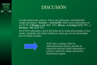 DISCUSIÓN

La adenoidectomía clásica, ofrece una deficiente visibilidad del
campo quirúrgico. Soriano - Arrieta(10) halló restos adenoideos en
un 23.3%; Chuang y col. (11) 25%, Havas - Lowinger:(12) 39% y
Soriano - Idi. (13) 70%.
En el 60% (ubicados a nivel del techo de la coana proyectados a fosa
nasal y alrededor del rodete tubárico), áreas que no son alcanzadas
por el simple curetaje.

                         AAE tiene ventajas sobre la
                         adenoidectomía clásica, permite la
                         remoción total del tejido adenoideo y
                         control visual del campo operatorio,
                         hemostasia segura.
 