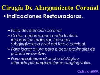 CirugCirugíía De Alargamiento Coronala De Alargamiento Coronal
•Indicaciones Restauradoras.
– Falta de retención coronal.
– Caries, perforaciones endodontica,
reabsorción radicular, fracturas
subgingivales a nivel del tercio cervical.
– Para lograr altura para placas proximales de
prótesis removible.
– Para restablecer el ancho biológico
alterado por preparaciones subgingivales.
Calsina 2000.
 
