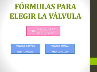 FÓRMULAS PARA
ELEGIR LA VÁLVULA
SC=
𝑃𝑒𝑠𝑜 𝑔𝑟 ∗4+7
𝑃𝑒𝑠𝑜 𝑔𝑟 +90
VÁLVULA MITRAL
AOE= SC*K(1,20)
VÁLVULA AÓRTICA
AOE= SC*K(0,85)
 