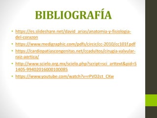 BIBLIOGRAFÍA
• https://es.slideshare.net/david_arias/anatomia-y-fisiologia-
del-corazon
• https://www.medigraphic.com/pdfs/circir/cc-2010/cc101f.pdf
• https://cardiopatiascongenitas.net/ccadultos/cirugia-valvular-
raiz-aortica/
• http://www.scielo.org.mx/scielo.php?script=sci_arttext&pid=S
1405-99402016000100085
• https://www.youtube.com/watch?v=rPVD2ct_CKw
 