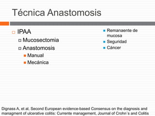 Técnica Anastomosis
 IPAA
 Mucosectomia
 Anastomosis
 Manual
 Mecánica
 Remanaente de
mucosa
 Seguridad
 Cáncer
Dignass A, et al, Second European evidence-based Consensus on the diagnosis and
managment of ulcerative colitis: Currente management, Journal of Crohn´s and Colitis
 