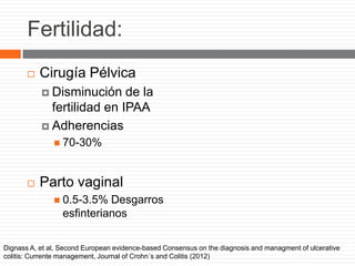 Fertilidad:
 Cirugía Pélvica
 Disminución de la
fertilidad en IPAA
 Adherencias
 70-30%
 Parto vaginal
 0.5-3.5% Desgarros
esfinterianos
Dignass A, et al, Second European evidence-based Consensus on the diagnosis and managment of ulcerative
colitis: Currente management, Journal of Crohn´s and Colitis (2012)
 