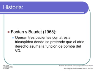 Historia:



    Fontan y Baudet (1968):
        Operan tres pacientes con atresia
         tricuspídea donde se pretend...