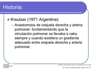 Historia:

    Kreutzer (1971 Argentina):
        Anastomosis de orejuela derecha y arteria
         pulmonar: fundament...