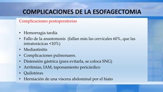 COMPLICACIONES DE LA ESOFAGECTOMIA
Complicaciones postoperatorias
• Hemorragia tardía
• Fallo de la anastomosis (fallan más las cervicales 60%, que las
intratorácicas <10%)
• Mediastinitis
• Complicaciones pulmonares.
• Distensión gástrica (para evitarla, se coloca SNG)
• Arrítmias, IAM, taponamiento pericárdico
• Quilotórax
• Herniación de una víscera abdominal por el hiato
 