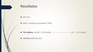 Resultados
 IAH: 32.6
 SatO2 mas baja: en promedio: 79.9%
 TA: sistólica: de 146 +-15.3 mmHg -------------------------- 122 +- 12.5 mmHg
 DISMINUCION DEL 16%
 