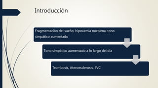 Introducción
Fragmentación del sueño, hipoxemia nocturna, tono
simpático aumentado
Tono simpático aumentado a lo largo del día
Trombosis, Ateroesclerosis, EVC
 