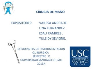 CIRUGIA DE MANO
EXPOSITORES:

VANESA ANDRADE.
LINA FERNANDEZ.
ESAU RAMIREZ .
YULEIDY SEVIGNE.

ESTUDIANTES DE INSTRUMENTACION
QUIRURGICA
SEMESTRE V
UNIVERSIDAD SANTIAGO DE CALI
2013A

 