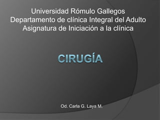 Universidad Rómulo Gallegos
Departamento de clínica Integral del Adulto
Asignatura de Iniciación a la clínica

Od. Carla G. Laya M.

 
