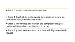• Grado 0: ausencia de estenosis foraminal.
• Grado 1 (leve): obliteración parcial de la grasa perineural sin
cambio morfológico en la raíz nerviosa.
• Grado 2 (moderada): obliteración casi completa de la grasa
perineural sin cambios morfológicos en la raíz.
• Grado 3 (grave): compresión o cambios morfológicos en la raíz
nervios
 