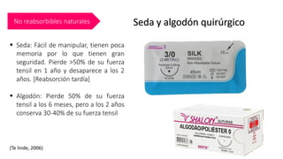 No reabsorbibles naturales Seda y algodón quirúrgico
▪ Seda: Fácil de manipular, tienen poca
memoria por lo que tienen gran
seguridad. Pierde >50% de su fuerza
tensil en 1 año y desaparece a los 2
años. [Reabsorción tardía]
▪ Algodón: Pierde 50% de su fuerza
tensil a los 6 meses, pero a los 2 años
conserva 30-40% de su fuerza tensil
(Te linde, 2006)
 