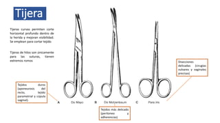 Tijera
Tijeras curvas permiten corte
horizontal profundo dentro de
la herida y mejoran visibilidad.
Se emplean para cortar tejido
Tejidos más delicado
(peritoneo y
adherencias)
Tejidos duros
(aponeurosis del
recto, tejido
parametrial y cúpula
vaginal).
Disecciones
delicadas (cirugías
vulvares y vaginales
precisas)
Tijeras de hilos son únicamente
para las suturas, tienen
extremos romos
 