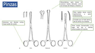 Pinzas
Atraumáticas, para tomar y
sostener tejidos delicados como
las trompas de Falopio o intestino
Extremos con dientes cortos,
mayor poder de sostén.
Tiene crestas transversales a lo
largo del eje y dientes
entrecruzados en la punta.
El tejido que se halla dentro
de las ramas no se desliza
Para tejidos duros como
aponeurosis y para
histerectomía
 