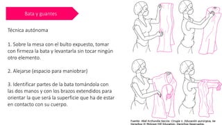 Bata y guantes
Técnica autónoma
1. Sobre la mesa con el bulto expuesto, tomar
con firmeza la bata y levantarla sin tocar ningún
otro elemento.
2. Alejarse (espacio para maniobrar)
3. Identificar partes de la bata tomándola con
las dos manos y con los brazos extendidos para
orientar la que será la superficie que ha de estar
en contacto con su cuerpo.
 
