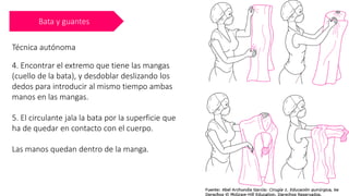 Bata y guantes
Técnica autónoma
4. Encontrar el extremo que tiene las mangas
(cuello de la bata), y desdoblar deslizando los
dedos para introducir al mismo tiempo ambas
manos en las mangas.
5. El circulante jala la bata por la superficie que
ha de quedar en contacto con el cuerpo.
Las manos quedan dentro de la manga.
 