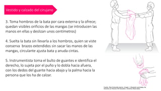 Vestido y calzado del cirujano
3. Toma hombros de la bata por cara externa y la ofrece;
quedan visibles orificios de las mangas (se introducen las
manos en ellas y deslizan unos centímetros)
4. Suelta la bata sin llevarla a los hombros, quien se viste
conserva brazos extendidos sin sacar las manos de las
mangas, circulante ajusta bata y anuda cintas.
5. Instrumentista toma el bulto de guantes e identifica el
derecho, lo sujeta por el puño y lo dobla hacia afuera,
con los dedos del guante hacia abajo y la palma hacia la
persona que los ha de calzar.
 