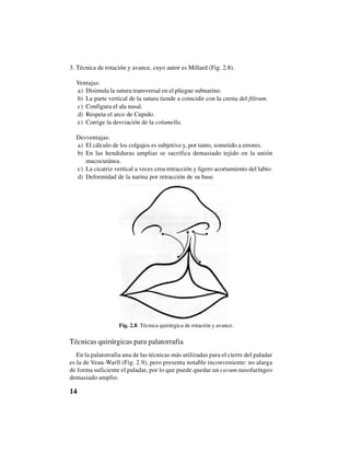 14
3. Técnica de rotación y avance, cuyo autor es Millard (Fig. 2.8).
Ventajas:
a) Disimula la sutura transversal en el pliegue subnarino.
b) La parte vertical de la sutura tiende a coincidir con la cresta del filtrum.
c) Configura el ala nasal.
d) Respeta el arco de Cupido.
e) Corrige la desviación de la columella.
Desventajas:
a) El cálculo de los colgajos es subjetivo y, por tanto, sometido a errores.
b) En las hendiduras amplias se sacrifica demasiado tejido en la unión
mucocutánea.
c) La cicatriz vertical a veces crea retracción y ligero acortamiento del labio.
d) Deformidad de la narina por retracción de su base.
Fig. 2.8. Técnica quirúrgica de rotación y avance.
Técnicas quirúrgicas para palatorrafia
En la palatorrafia una de las técnicas más utilizadas para el cierre del paladar
es la de Veau-Warll (Fig. 2.9), pero presenta notable inconveniente: no alarga
de forma suficiente el paladar, por lo que puede quedar un cavum nasofaríngeo
demasiado amplio.
 