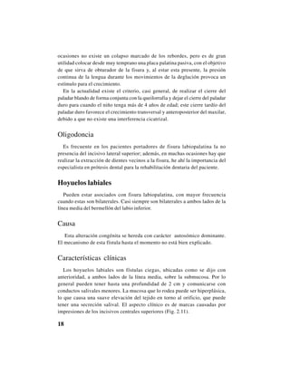 18
ocasiones no existe un colapso marcado de los rebordes, pero es de gran
utilidad colocar desde muy temprano una placa palatina pasiva, con el objetivo
de que sirva de obturador de la fisura y, al estar esta presente, la presión
continua de la lengua durante los movimientos de la deglución provoca un
estímulo para el crecimiento.
En la actualidad existe el criterio, casi general, de realizar el cierre del
paladar blando de forma conjunta con la queilorrafia y dejar el cierre del paladar
duro para cuando el niño tenga más de 4 años de edad; este cierre tardío del
paladar duro favorece el crecimiento transversal y anteroposterior del maxilar,
debido a que no existe una interferencia cicatrizal.
Oligodoncia
Es frecuente en los pacientes portadores de fisura labiopalatina la no
presencia del incisivo lateral superior; además, en muchas ocasiones hay que
realizar la extracción de dientes vecinos a la fisura, he ahí la importancia del
especialista en prótesis dental para la rehabilitación dentaria del paciente.
Hoyuelos labiales
Pueden estar asociados con fisura labiopalatina, con mayor frecuencia
cuando estas son bilaterales. Casi siempre son bilaterales a ambos lados de la
línea media del bermellón del labio inferior.
Causa
Esta alteración congénita se hereda con carácter autosómico dominante.
El mecanismo de esta fístula hasta el momento no está bien explicado.
Características clínicas
Los hoyuelos labiales son fístulas ciegas, ubicadas como se dijo con
anterioridad, a ambos lados de la línea media, sobre la submucosa. Por lo
general pueden tener hasta una profundidad de 2 cm y comunicarse con
conductos salivales menores. La mucosa que lo rodea puede ser hiperplásica,
lo que causa una suave elevación del tejido en torno al orificio, que puede
tener una secreción salival. El aspecto clínico es de marcas causadas por
impresiones de los incisivos centrales superiores (Fig. 2.11).
 