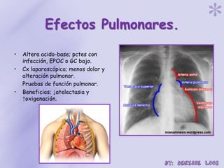 Efectos Pulmonares.
• Altera acido-base; pctes con
infección, EPOC o GC bajo.
• Cx laparoscópica; menos dolor y
alteración pulmonar.
Pruebas de función pulmonar.
• Beneficios; ↓atelectasia y
↑oxigenación.
 